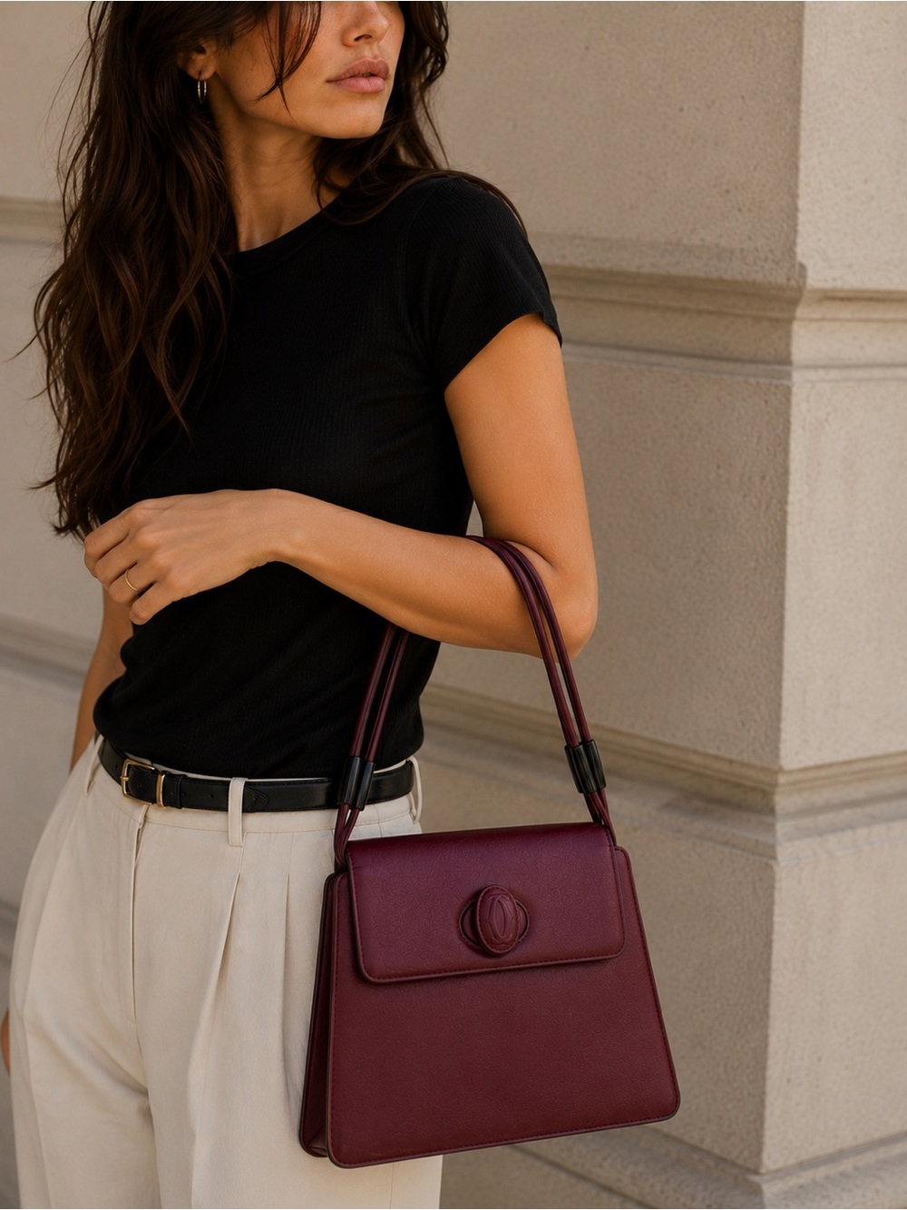 Authentic Vintage Cartier Must de Cartier Burgundy Leather Shoulder Bag Coquette
